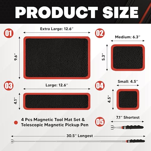 C&T Magnetic Tool Mat Set (4 Sizes) with 25Lb Telescoping Magnetic Pickup Tool