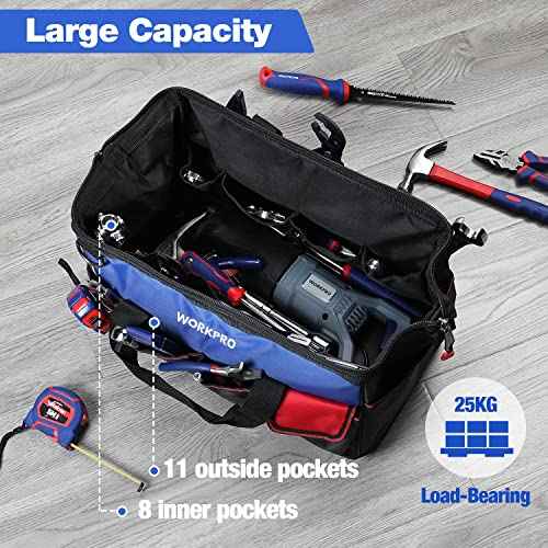WORKPRO Tool Bag, 18 Inch Tool Bag with Waterproof Molded Base, Open Top Tool Organizer Bag with 20 Pockets, Adjustable Shoulder Strap