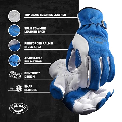 Caiman Premium Top Grain Cowhide Leather Driver Gloves, Split Cowhide Back, Kontour Design, Blue/White, Large (1302-5)