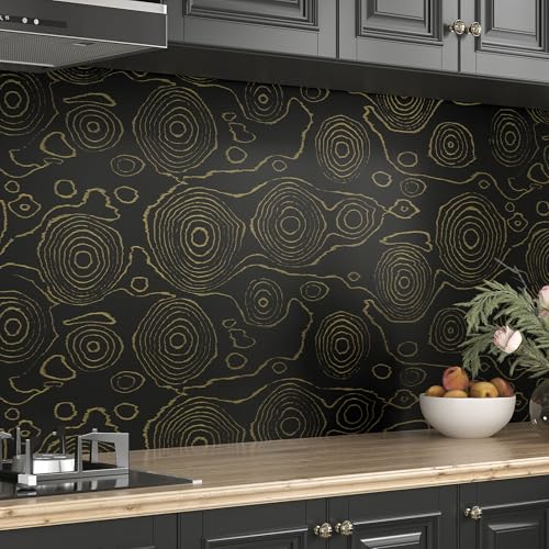 Black Wood Contact Paper for Countertops Gold Growth Ring Wood Wallpaper Removable Self Adhesive Vintage Stick on Wallpaper for Cabinets Table Walls Wooden Grain Wall Covering 15.75"x78"