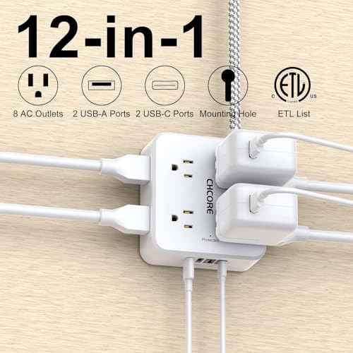Surge Protector Power Strip - CHCORE 5Ft Braided Extension Cord with 8 Outlets with 4 USB (2 USB C) Charging Ports, Flat Plug Multi Plug Outlet Extender Charging Station for Home Office, ETL, White