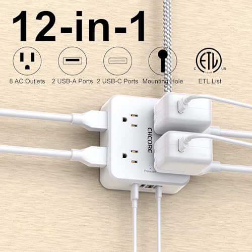 CHCORE 5 Ft White Braided Surge Protector Power Strip with 8 Outlets & 4 USB Charging Ports