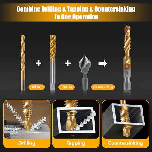 Junreox 6 Pack Combination Drill and Tap Set, Professional HSS Titanium Thread Tap Drill Bit Set in SAE 6-32nc 8-32nc 10-32nc 10-24nc 12-24nc 1/4-20nc, Quick Change Screw Tapping with 1/4¡± Hex Shank