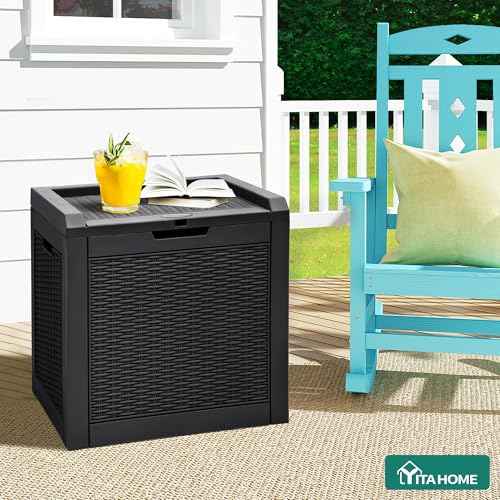 YITAHOME 32 Gallon Rattan Deck Box, Indoor Outdoor Storage Box for Patio Furniture, Pool Accessories, Cushions, Garden Tools, Sports Equipment, Waterproof Resin with Lockable Lid & Side Handles, Black