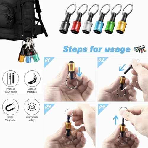 Bit Holder Key Chain 6pcs - 1/4 inch Hex Shank Bit Holders - Quick Release Design with Keychain Carabiner for Nut Driver, Screwdriver & Drill Bits, Aluminum Alloy, Color Coded - Gift for Men