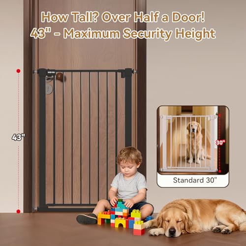 KODYRU 43-Inch Tall Adjustable Black Baby Gate, Extra-Wide Safety Barrier