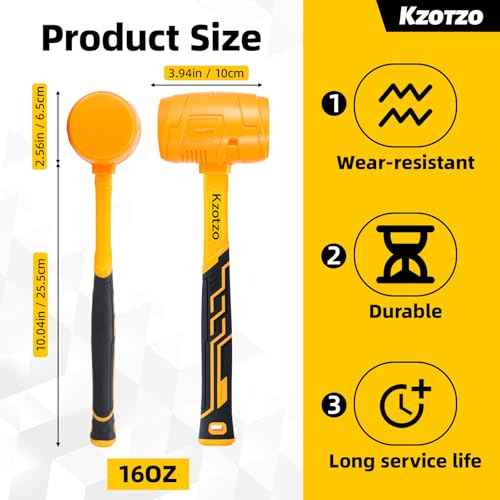 16oz Rubber Mallet Hammer, Fiberglass Handle, Rubber Mallet for Flooring, Tent Stakes, Woodworking, Camping, Soft Blow Tasks without Damage£¬ 2025 upgraded seamless rubber hammer£¨yellow£© (16OZ)