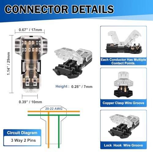 TOKCKYBL 20 Pack 3-Way Wire Tap Connectors - Solderless, 22-20 AWG, No Stripping