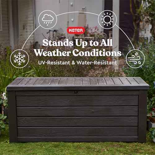 Keter Westwood 150 Gallon Deck Box Organizer, Doubles as 2-Person Bench Seat, Brown ? Large Resin Outdoor Storage and Seating with Lockable Lid for Garden, Pool, and Patio