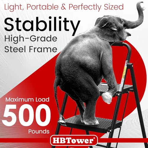 3-Step Folding Step Ladder - Black, Portable Anti-Slip Steel Stool for Home & Garage