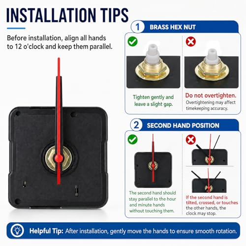 Silent Quartz Clock Movement Replacement for DIY Wall Clocks - Battery Powered, 0.5in Shaft