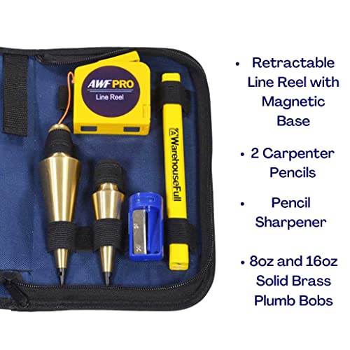 AWF PRO Plumb Bob Kit - 16 oz and 8 Solid Brass Bobs, 14 ft