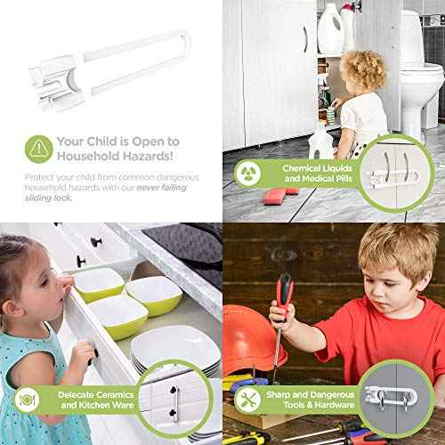 Sliding Cabinet Locks (4-Pack) 8 inch, Multi-Purpose Child Safety Lock by Skyla Homes - No Tools or Drilling Required, Best for Baby Proofing, Strong ABS Free Plastic Knob Cover
