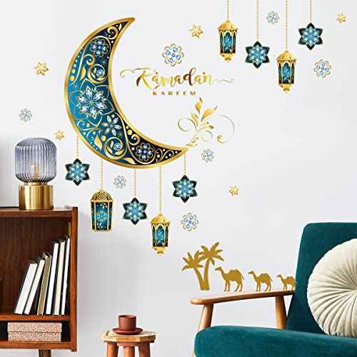 Ramadan Wall Stickers Islamic Muslim Wall Decals Eid Mubarak Ramadan Lantern Moon Star Window Decor for Home Living Room Bedroom Decorations Ramadan Wall Clings (Gold and Blue)