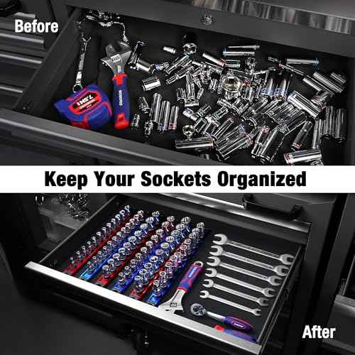 WORKPRO Magnetic Socket Organizer, 3/8-Inch Drive Aluminum Alloy Sockets Rail, Heavy Duty Sockets Holder, Socket Rack Kit 3/8-Inch x 10 Clips (Red)