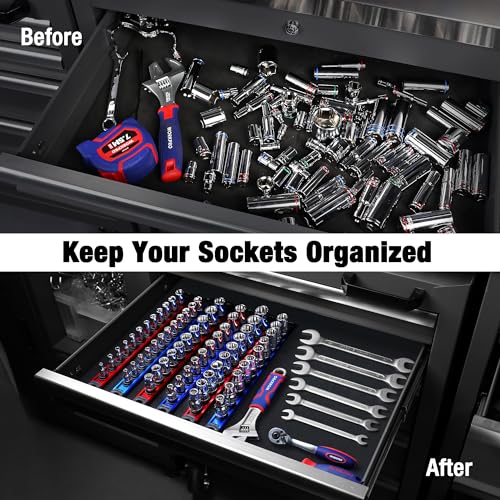 WORKPRO Magnetic Socket Organizer Set, 3-Piece Aluminum Alloy Socket Rail, Heavy Duty Socket Holder, Socket Rack Kit 1/4-Inch x 12 Clips, 3/8-Inch x 10 Clips, 1/2-Inch x 10 Clips (Red)