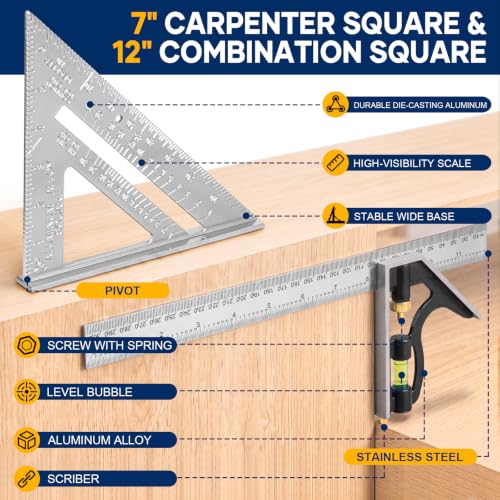 Combination Square 12 Inch and 7 Carpenter Tool Set