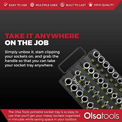 Olsa Tools Portable Socket Organizer Tray | Black Rails with Green Clips | Holds 80 Sockets | Professional Quality Socket Holder