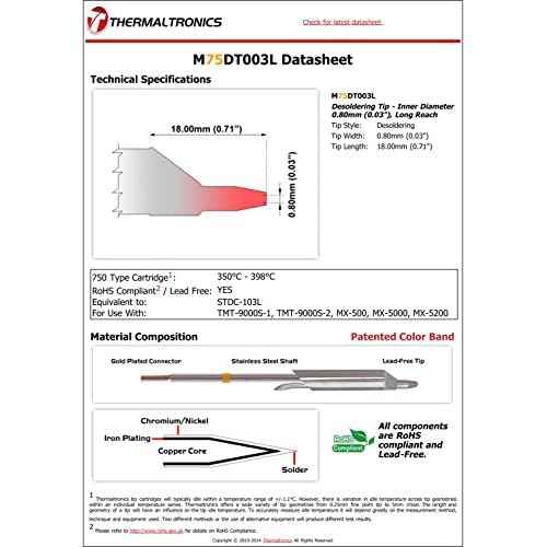 Thermaltronics M75DT003L Desoldering Tip - Inner Diameter 0.80mm (0.03in), Long Reach interchangeable for Metcal STDC-703L
