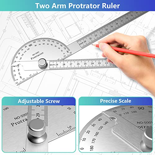 ForoGore 30 cm Stainless Steel Protractor with Adjustable Two-Arm Ruler – 0-180°
