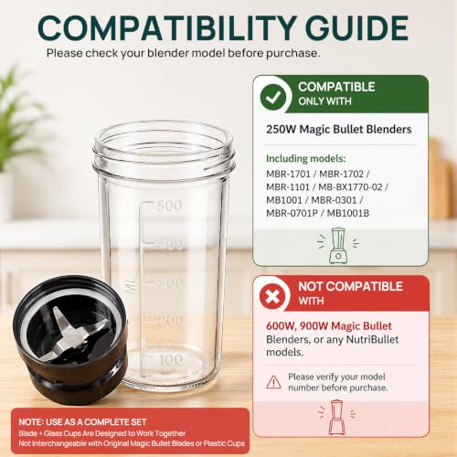 Glass Replacement Cup & Blade Set for 250W Magic Bullet Blender – Compatible MBR Models