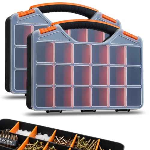 Andalus Tools Organizer Box, Small Parts Storage 18-Compartment Portable Hardware Organizer Removable Plastic Dividers for Screws, Nuts, Bolts, Nails ? Orange (2 Pack, 12.75" x 10" x 1.75")