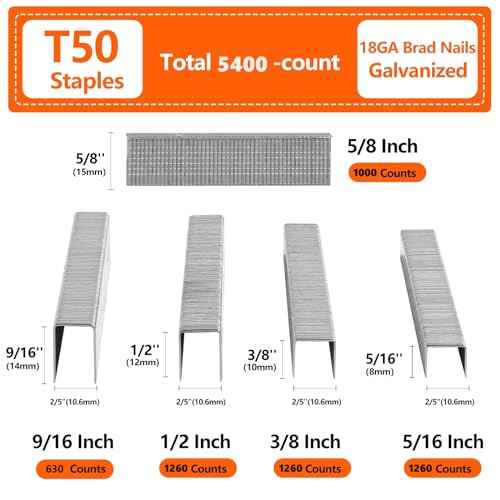 Heavy Duty T50 Staples 5400-Count 5 Sizes Includes: 5/16",3/8",1/2",9/16" Staples+5/8" Brad Nails, 20 Gauge Galvanized Assorted Size Project Pack