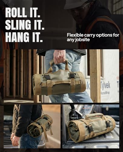 Eswilran Khaki Heavy Duty Tool Roll Up Bag with Detachable Pouches & Waterproof Oxford Fabric - 21.9"x13.8"
