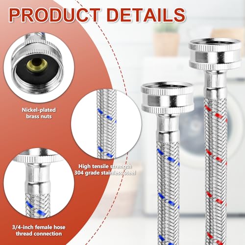 Cenipar 4FT Stainless Steel Washing Machine Hoses with 90° Elbow - Hot & Cold Water Supply Line, 2 Pack
