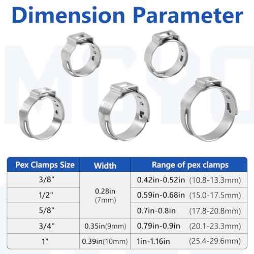 1/2 inch Pex Clamps 250pcs Pex Crimp Rings Single Ear Hose Clamps Stainless Steel Pex Fittings Cinch Clamp Ring for PEX Pipe Tubing