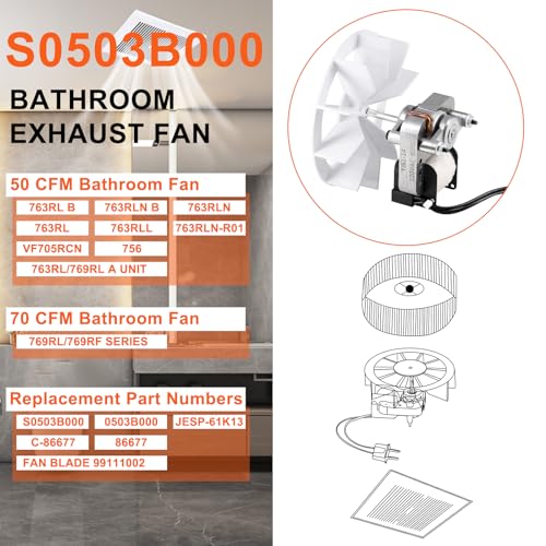 Hiorucet Bathroom Exhaust Fan Motor S0503B000 Replacement for Broan Nutone 763RLN, 769RL B, 70 CFM, Quiet Copper Motor, Without Bracket
