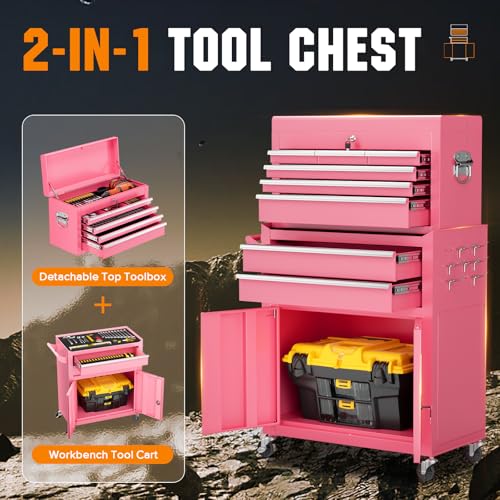 Crownland 8-Drawer Rolling Tool Chest: Pink, 2-in-1 Top Cabinet + Bottom Chest