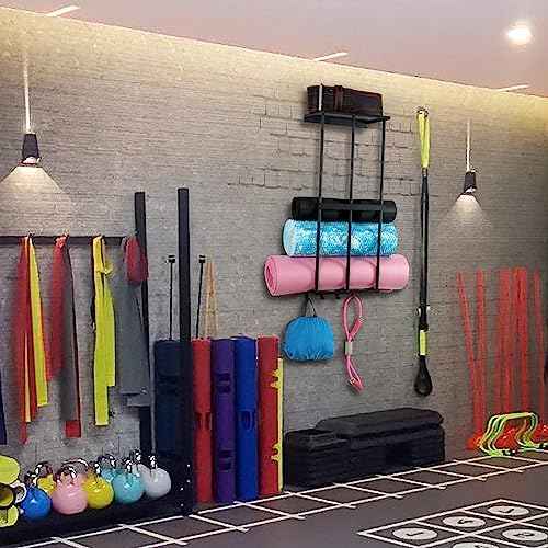 Camping Chair Rack for Garage Storage, Metal Camping Beach Chair Umbrella Holder Wall Mounted Rack Organizer Floating Shelf with 4 Hooks for Garage Organization