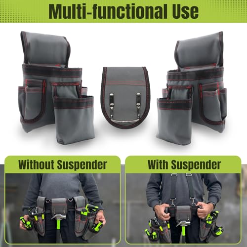 Tool Belt for Men, 32 to 66 Inches Adjustable Waist, Tool Belt with Suspenders for Electricians, Carpenters, Construction Workers and Gardeners, Grey and Red