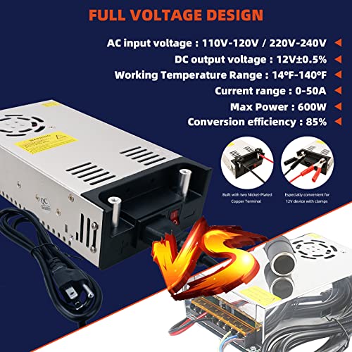 600W 12V DC Power Supply Converter 110V AC to 12V Transformer for RV, LED, Pump