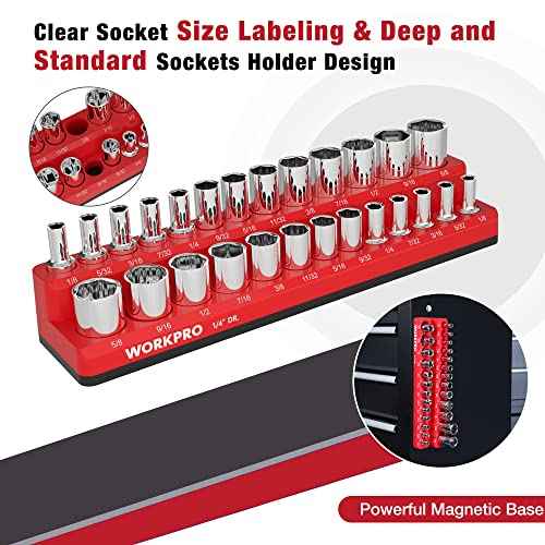 WORKPRO Magnetic Socket Organizer, 1/4-Inch SAE Socket Holder, Trays Hold 26 Standard & Deep Sockets