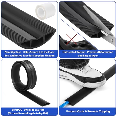 ZhiYo 4ft Black Floor Cord Cover for Cable Management - 2" W x 4' L