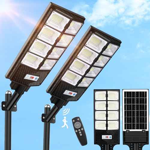 VUAA 2 Pack Solar Street Lights Outdoor Waterproof, 10000LM 448 LEDs Solar Parking Lot Lights Dusk to Dawn,Outdoor Flood Light with Motion Sensor and Remote Control for Area Lighting Yard, 6500K