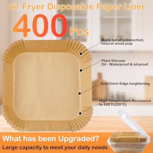 Adhjito 8" Square Air Fryer Liners 400 Pcs - Disposable Parchment Paper for 5-8 Qt