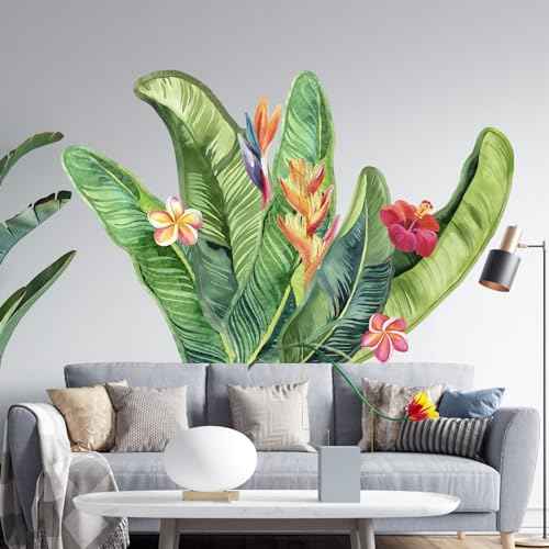 Giant Tropical Palm Leaf Wall Decals Peel and Stick - Large Tropical Green Leaves Flowers Wall Stickers Removable - Vinyl Jungle Wall Decal Decor for Living Room Bedroom Bathroom