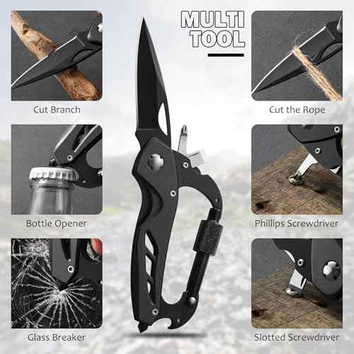 Multitool Carabiner with Pocket Knife, 6-in-1 Multi Tools with Window Breaker, Bottle Opener and Screwdriver,Camping and Mountaineering Survival Equipment, Christmas Gifts for Men and Women