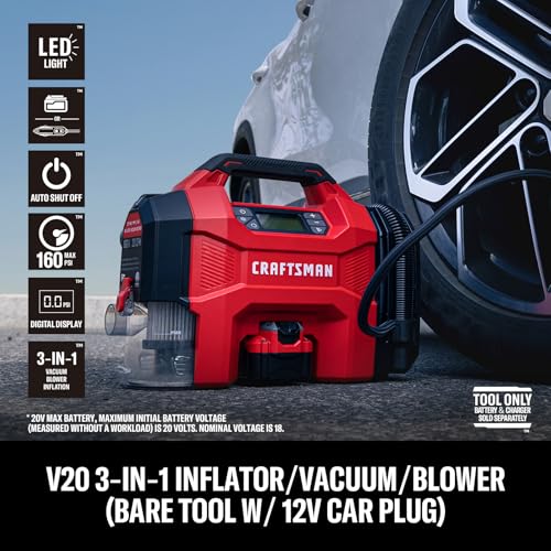 CRAFTSMAN 3-in-1 Tire Inflator, Portable Air Compressor & Vacuum, Tool Only