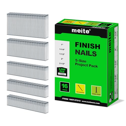 Meite 16 Gauge Finish Nails Set - 5 Sizes, Galvanized, 2,500 pcs, Professional Finish Nailer Compatible