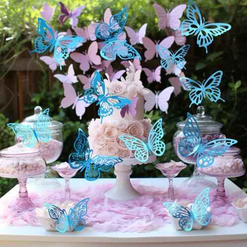 48Pcs 3D Butterfly Wall Decor - 3 Sizes, 4 Styles Decorations for Party, Birthday, Cake - Removable Shiny Blue Stickers for Kids, Baby, Girls Bedroom, Classroom, Offices