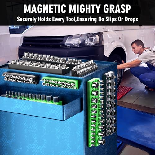 Magnetic Socket Organizer Holder Set For Tool Box Drawer, Toolbox Organization Including 1/4", 3/8" and 1/2" Drive Metric SAE Socket Trays (Sockets are not Included)