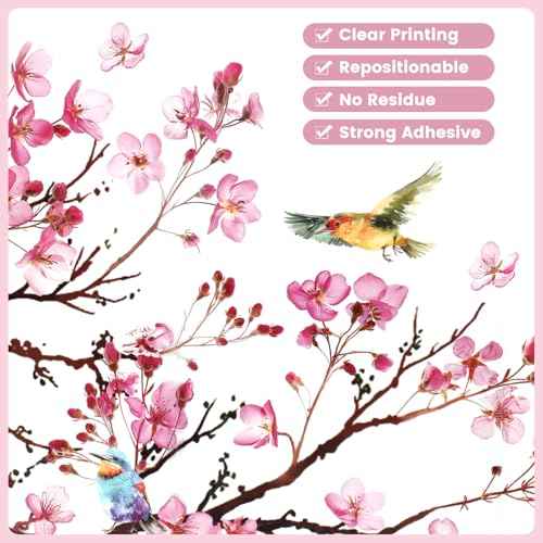 Large Pink Flowers Tree Branch Wall Decals Cherry Blossom Decor Vinyl Stickers,Tree Floral Birds Wall Art Murals,Flower Pattern Wall Stickers for Girls Bedroom Living Room Baby Nursery Tv Background