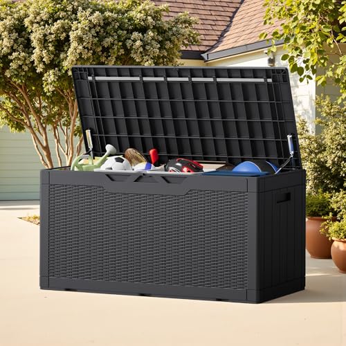Greesum 100 Gallon Black Outdoor Storage Box with Lid, Lockable & Waterproof