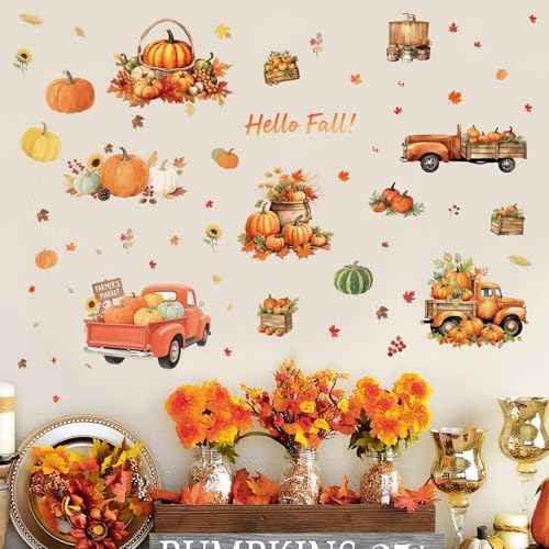 Thanksgiving Fall Wall Decals Removable Autumn Peel and Stick Wall Stickers 6-Sheet Set with Pumpkin Truck, Maple Leaves Design for Home, Office, Bedroom, Living Room Party Decor