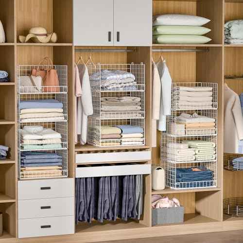 4-Tier Stackable Closet Organizers and Storage Basket, Foldable Closet Shelf Organizer System, Space-Saving Clothes Storage Drawer Organizer for Wardrobe, White (Patent Pending)