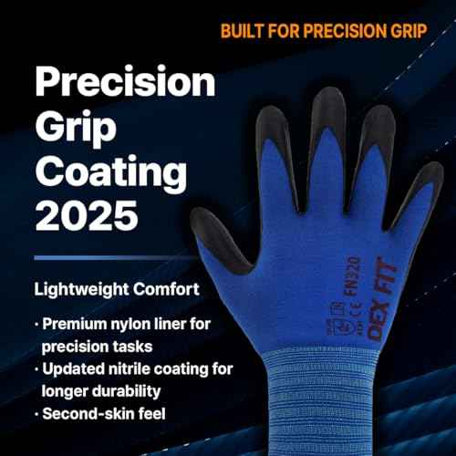 DEX FIT Nylon Work Gloves FN320, 3D Comfort Fit, Power Grip, Lightweight, Touchscreen for Men & Women, Breathable & Flexible for Yard Work DIY Mechanic Warehouse; Black 7 (S)